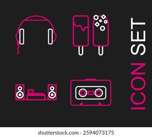 Set line Retro audio cassette tape, Home stereo with two speakers, Ice cream and Headphones icon. Vector