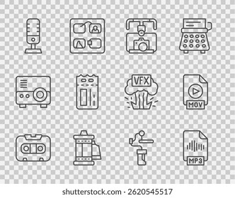 Set line Retro audio cassette tape, MP3 file document, Gimbal stabilizer with camera, Camera roll cartridge, Microphone, Cinema ticket, for and MOV icon. Vector