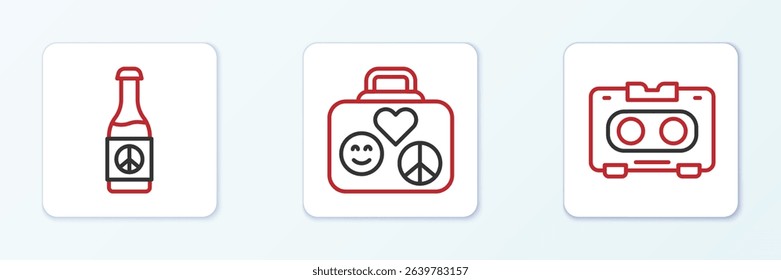 Set line Retro audio cassette tape, Beer bottle and Suitcase for travel icon. Vector
