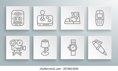 Set line Retro cinema camera, Joystick, Floor lamp, Wrist watch, Fountain pen nib, Sport sneakers, Old mobile phone and Cassette tape player icon. Vector