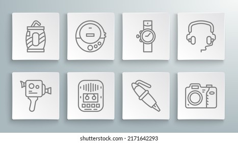 Set Line Retro Cinema Camera, Music CD Player, Cassette Tape, Fountain Pen Nib, Photo, Wrist Watch, Headphones And Soda Can With Straw Icon. Vector