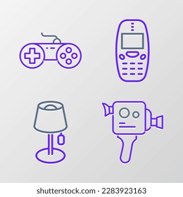 Set line Retro cinema camera, Floor lamp, Old mobile phone and Gamepad icon. Vector