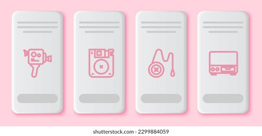 Set line Retro cinema camera, Floppy disk, Yoyo toy and Old video cassette player. White rectangle button. Vector