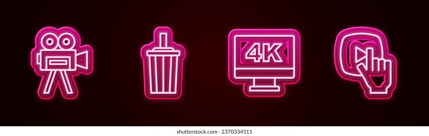 Set line Retro cinema camera, Paper glass with water, Screen tv 4k and Online play video. Glowing neon icon. Vector