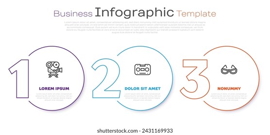 Set line Retro cinema camera, audio cassette tape and Glasses. Business infographic template. Vector