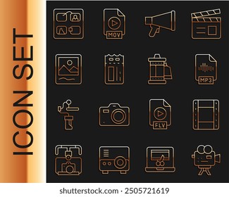 Set line Retro cinema camera, Play Video, MP3 file document, Megaphone, Cinema ticket, Photo frame, Storyboard and Camera roll cartridge icon. Vector