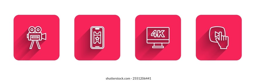 Set line Retro cinema camera, Buy ticket online, Screen tv with 4k and Online play video with long shadow. Red square button. Vector