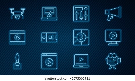 Set line Retro cinema camera, Online play video, Sound mixer controller, Photo and shooting, Play Video, Drone flying, Old film movie countdown frame and recorder laptop icon. Vector