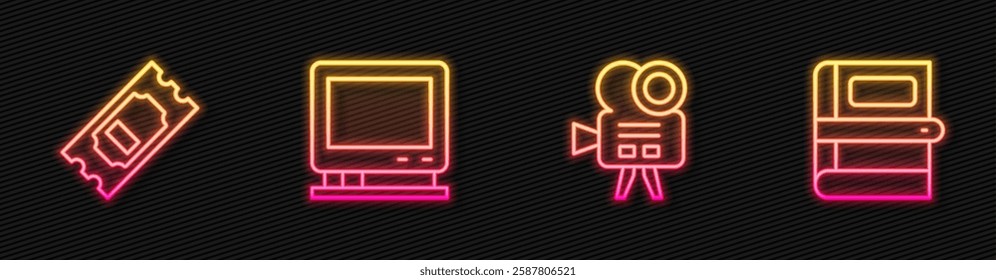 Set line Retro cinema camera, Cinema ticket, tv and Book. Glowing neon icon. Vector