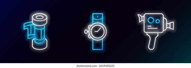 Set line Retro cinema camera, Camera roll cartridge and Wrist watch icon. Glowing neon. Vector