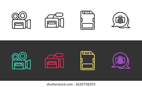 Set line Retro cinema camera, Cinema, SD card and Photo on black and white. Vector