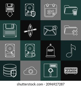 Set line Retro flip clock, Music note, tone, Delete folder, Calendar, Kayak and paddle, Floppy disk, backup and New, email incoming message icon. Vector