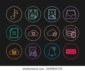 Set line Retro flip clock, Database protection, Hard disk drive HDD, Cloud sync refresh, Delete file document, Music note, tone,  and Calendar icon. Vector