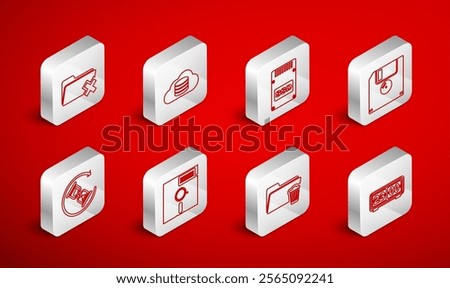 Set line Retro flip clock, Cloud database, SSD card, Floppy disk, Delete folder, in the 5.25-inch and Waiting icon. Vector