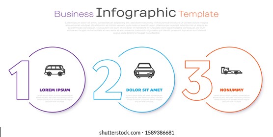 Set line Retro minivan, Car and Formula race car. Business infographic template. Vector