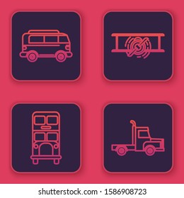 Set line Retro minivan, Double decker bus, Old retro vintage plane and Delivery cargo truck vehicle. Blue square button. Vector
