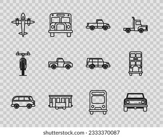 Set line Retro minivan, Off road car, Pickup truck, Old city tram, retro vintage plane, Bus and Double decker bus icon. Vector
