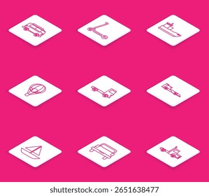 Set line Retro minivan, Scooter, Cargo ship, Hot air balloon, Delivery cargo truck vehicle, Formula race, Yacht sailboat sailing and Pickup icon. Vector