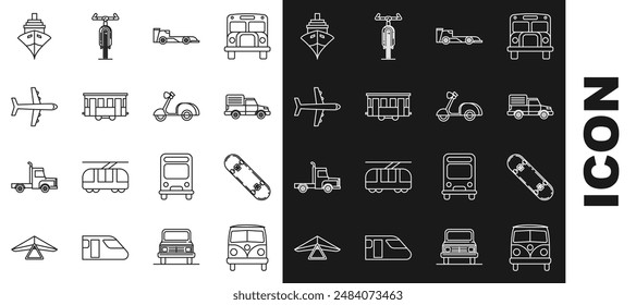 Set line Retro minivan, Skateboard, Delivery cargo truck vehicle, Formula race, Old city tram, Plane, Cargo ship and Scooter icon. Vector