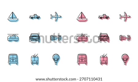 Set line Retro minivan, Trolleybus, Yacht sailboat or sailing ship, Hot air balloon, Off road car, Formula race, Tram and railway and Pickup truck icon. Vector