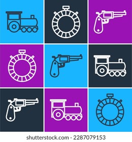 Fijar la línea tren Retro, pistola Revolver e icono de botella de agua Canteen. Vector