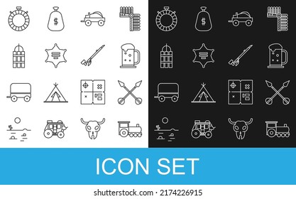 Set line Retro train, Wooden beer mug, Wild west covered wagon, Hexagram sheriff, Detonate dynamite bomb stick, Canteen water bottle and Native American indian smoking pipe icon. Vector