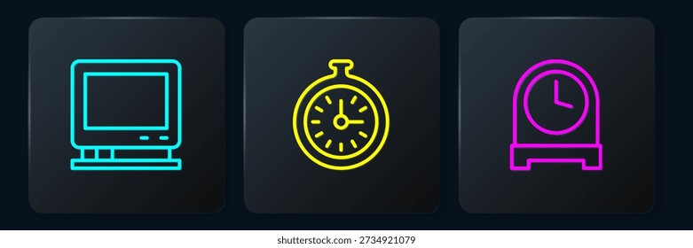 Set line Retro tv, Antique clock and Pocket watch. Black square button. Vector