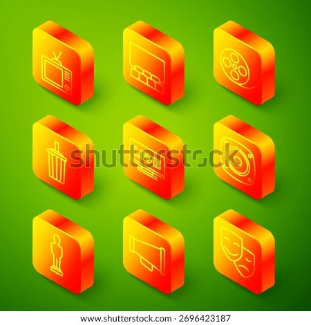 Set line Retro tv, Cinema auditorium with screen, Film reel, Paper glass water, Live stream, Stereo speaker, Movie trophy and Megaphone icon. Vector