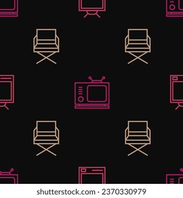 Set line Retro tv, Director movie chair and  on seamless pattern. Vector