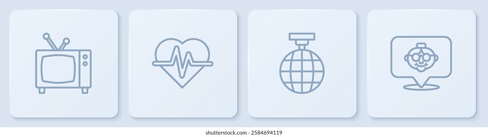 Set line Retro tv, Disco ball, Heart rate and Grandmother. White square button. Vector