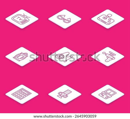 Set line Retro tv, Glasses, Joystick, Soda can with straw, Yoyo toy, Ray gun, Calculator and Microphone icon. Vector