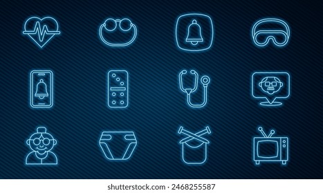 Set line Retro tv, Grandfather, Emergency phone call, Domino, Heart rate, Stethoscope and Eyeglasses icon. Vector