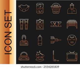 Set line Retro tv, Hockey mask, Ice hockey goal, helmet, Planning strategy, Crutch or crutches, Protective sport jockstrap and sports ticket icon. Vector