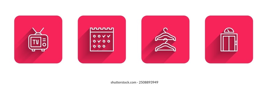 Set line Retro tv, Hotel booking calendar, Hanger wardrobe and Lift with long shadow. Red square button. Vector