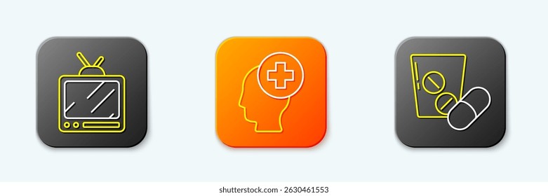 Set line Retro tv, Male head with hospital and Medicine pill or tablet icon. Vector