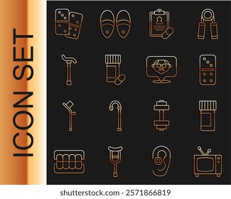 Set line Retro tv, Medicine bottle and pills, Domino, Medical prescription, Walking stick cane,  and Grandfather icon. Vector