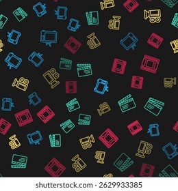 Set line Retro tv, Movie clapper, Cinema camera and Play Video on seamless pattern. Vector