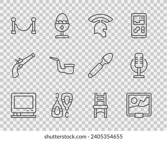 Set line Retro tv, Picture, Roman army helmet, Earrings, Rope barrier, Smoking pipe, Chair and Microphone icon. Vector