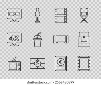 Set line Retro tv, Play video, Old film movie countdown frame, 3D cinema glasses, Paper with water, CD disk award and Cinema chair icon. Vector