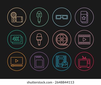 Set line Retro tv, Play Vidéo, lunettes de cinéma 3D, microphone, 4k Ultra HD, caméra de cinéma, bobine de film et icône. Image vectorielle