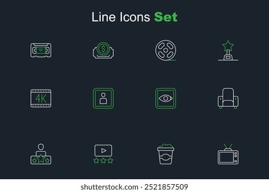 Set line Retro tv, Popcorn in cardboard box, Rating movie, Actor star, Cinema chair, Play Video and 4k icon. Vector