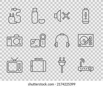 Set Line Retro Tv, Router And Wi-fi Signal, Speaker Mute, Graphic Tablet, Charger, Cinema Camera, Electric Plug And Vinyl Player Icon. Vector