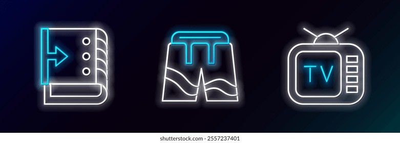 Set line Retro tv, Sound mixer controller and Short or pants icon. Glowing neon. Vector