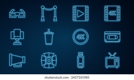 Set line Retro tv, VHS video cassette tape, Play Video, Paper glass with water, Director movie chair, 3D cinema glasses, 4k Ultra HD and Carpet barriers icon. Vector