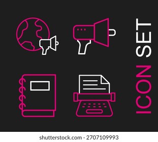 Set line Retro Schreibmaschine, Notebook, Megaphone und World News-Symbol. Vektorgrafik