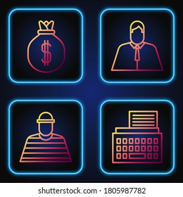 Set line Retro typewriter, Prisoner, Money bag and Lawyer, attorney, jurist. Gradient color icons. Vector