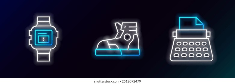 Set line Retro typewriter, Wrist watch and Sport sneakers icon. Glowing neon. Vector