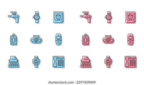 Set line Retro typewriter, Wrist watch, Ray gun, Telephone handset, Home stereo with two speakers, Old mobile, Soda can straw and  icon. Vector