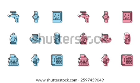 Set line Retro typewriter, Wrist watch, Ray gun, Telephone handset, Home stereo with two speakers, Old mobile, Soda can straw and  icon. Vector