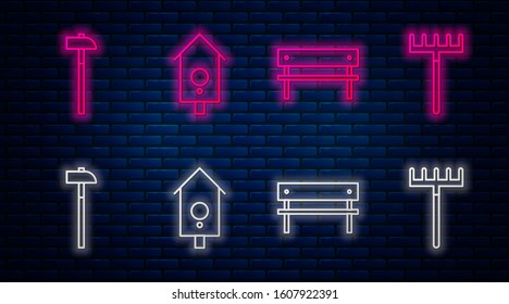 Set line Retro wall watch, Bench, Hammer and Garden rake. Glowing neon icon on brick wall. Vector